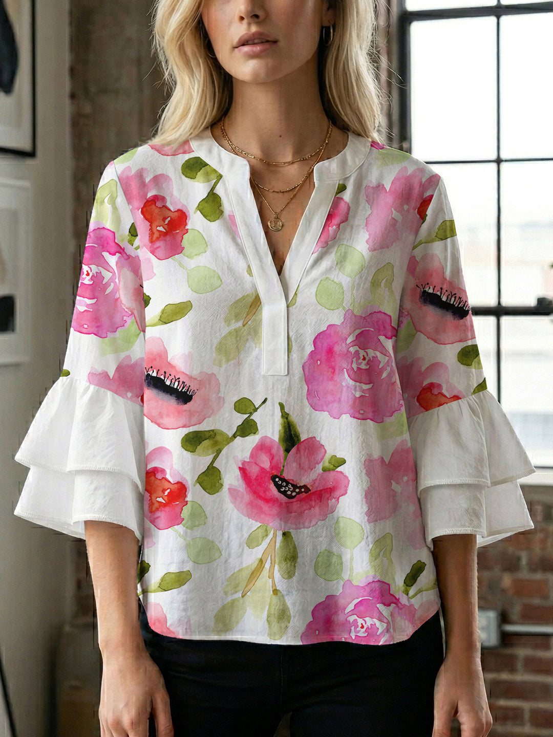 Damen Elegantes Oberteil mit voluminösen Rüchenärmeln und floralem Druck R&B