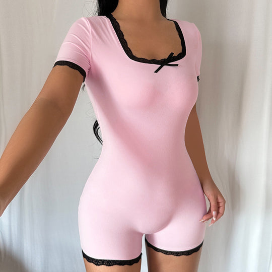 Damen Kurzarm-Schlafbody mit feinen Spitzenakzenten R&B
