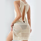 Damen Häkel-Strandkleid mit tiefem Schlitz und raffiniertem Muster R&B