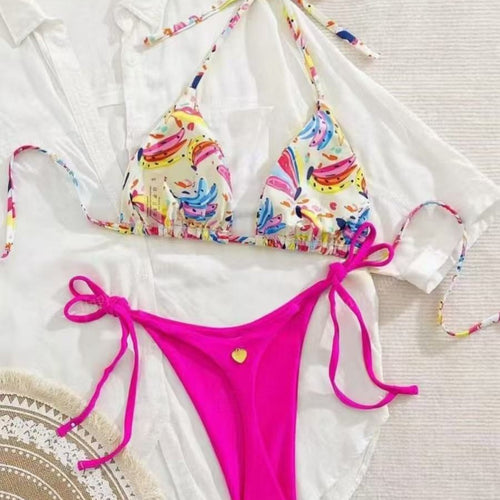 Damen Bikini-Set mit buntem Obstmuster und seitlichem Knoten R&B