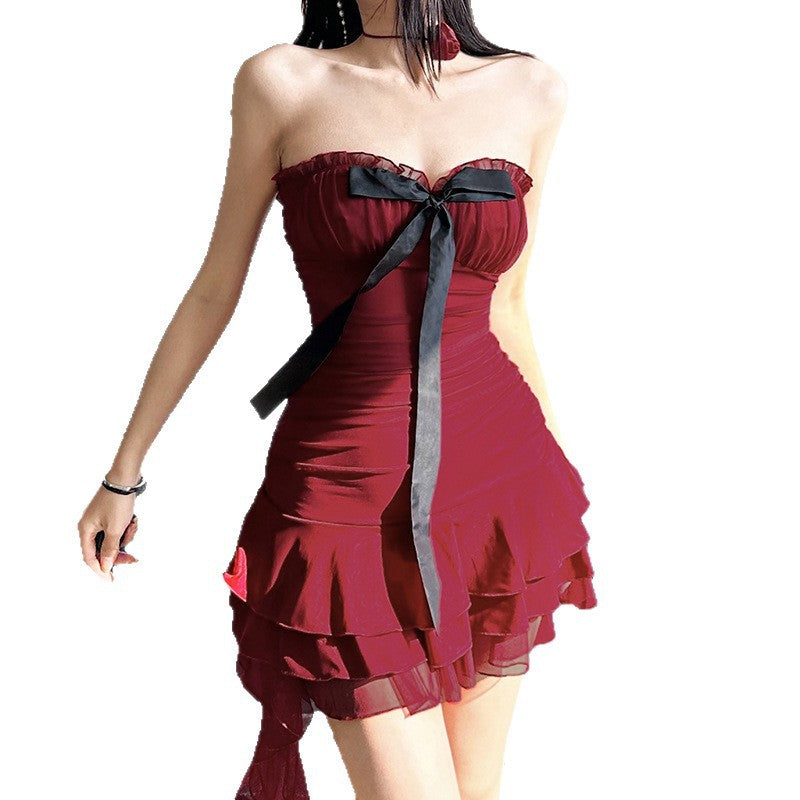Damen elegantes Wickelkleid mit voluminösen Rüschendetails und Taillenband R&B