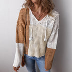 Damen luftiger Strickpullover mit modernem Netzstruktur-Design und dekorativen Kordeln