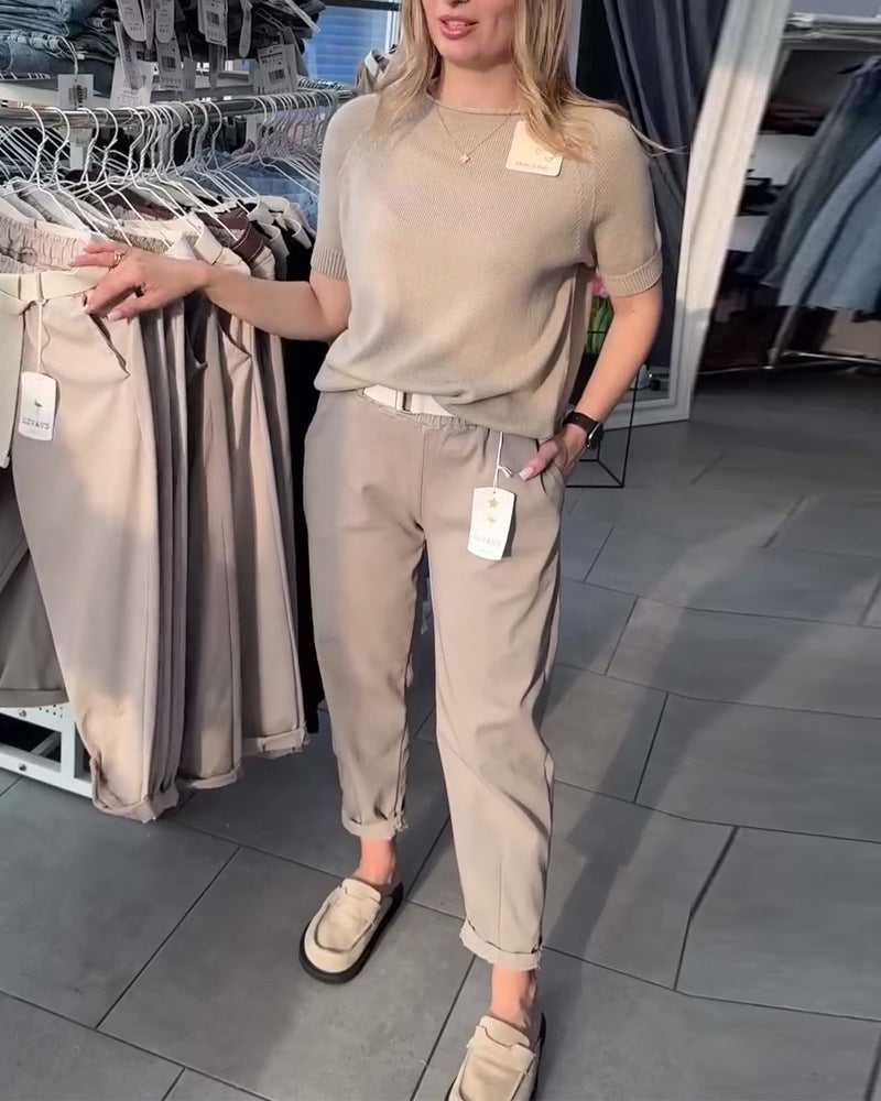 Damen nan lässige Baumwoll-Chino mit elastischem Komfortbund, Umschlag und Ziergürtel R&B