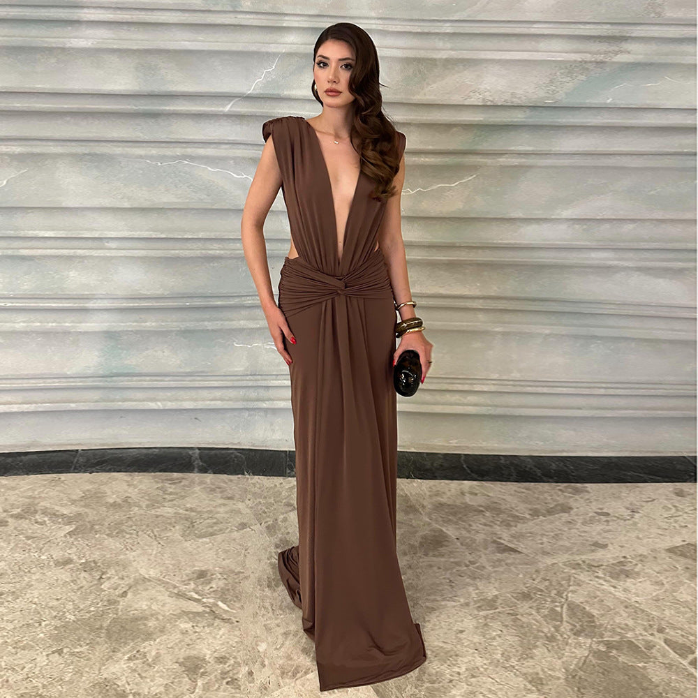 Damen elegantes Maxikleid mit tiefem V-Ausschnitt und drapiertem Bund R&B