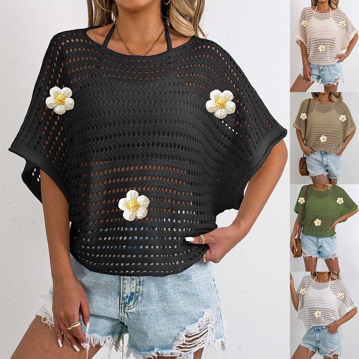 Damen lässiger Häkel-Oberteil mit dekorativen Blumen R&B