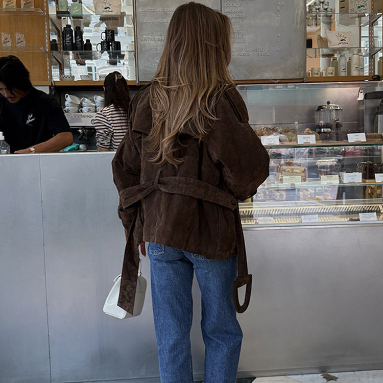 Damen Kunstlederjacke mit modischem Wickeldesign und breiten Ärmeln R&B