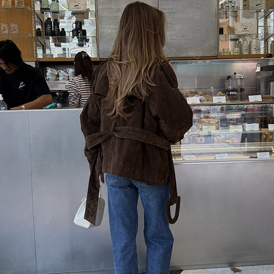Damen Kunstlederjacke mit modischem Wickeldesign und breiten Ärmeln R&B