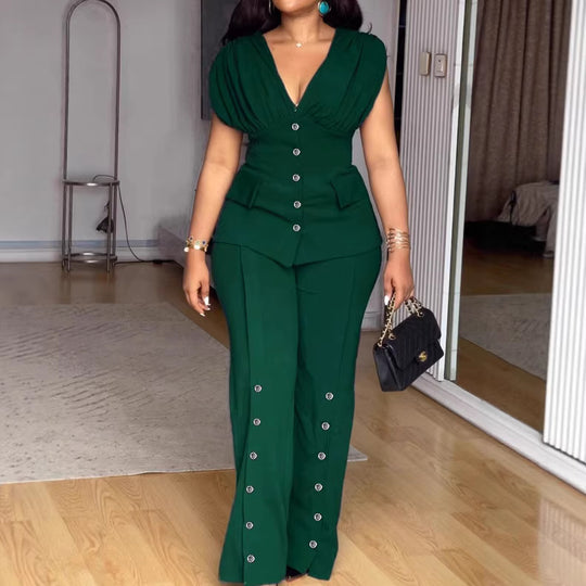 Damen Elegantes Jumpsuit mit drapiertem Oberteil und dekorativen Knöpfen R&B