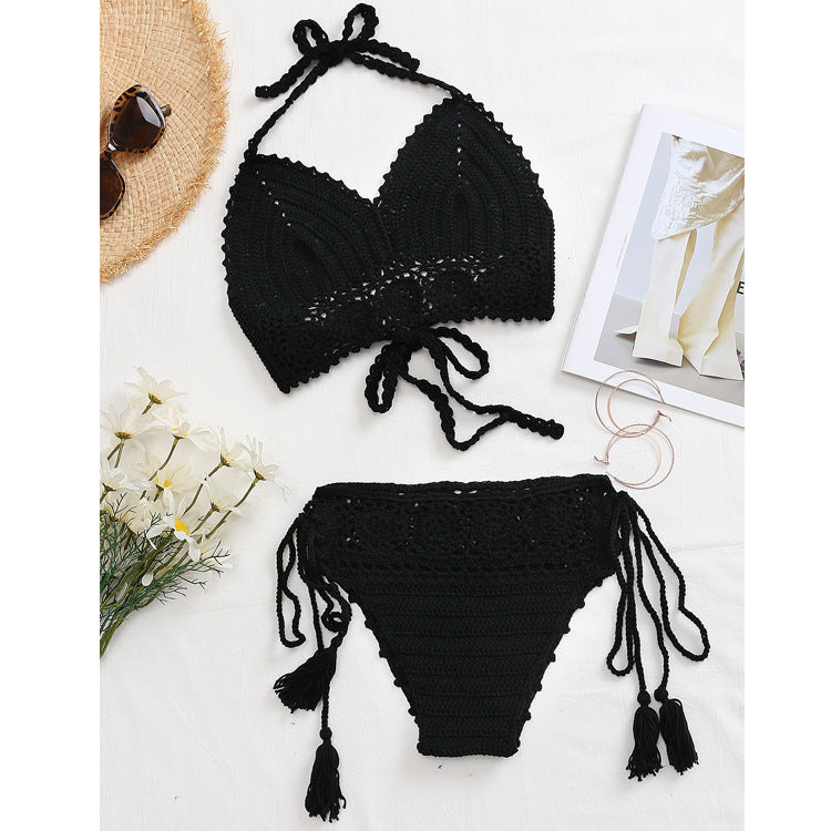 Damen Häkel-Bikini-Set mit verstellbaren Trägern und fransigen Details R&B