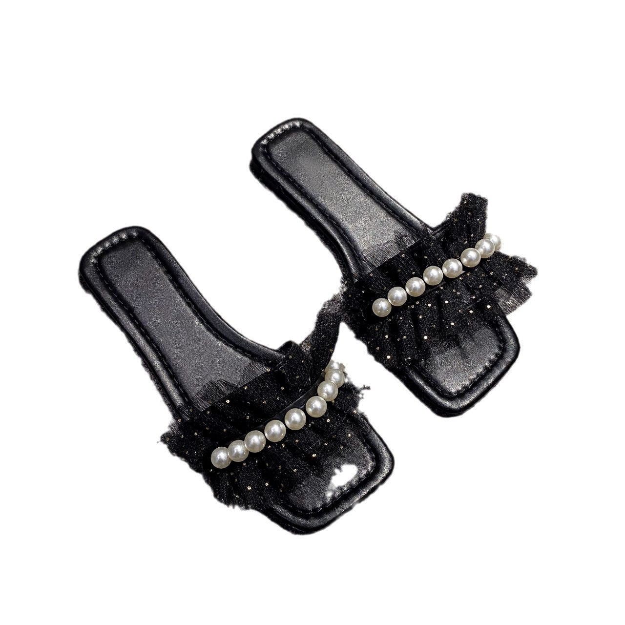 Damen Modische Slide-Sandalen mit Perlenverzierung und Tüll-Applikationen R&B