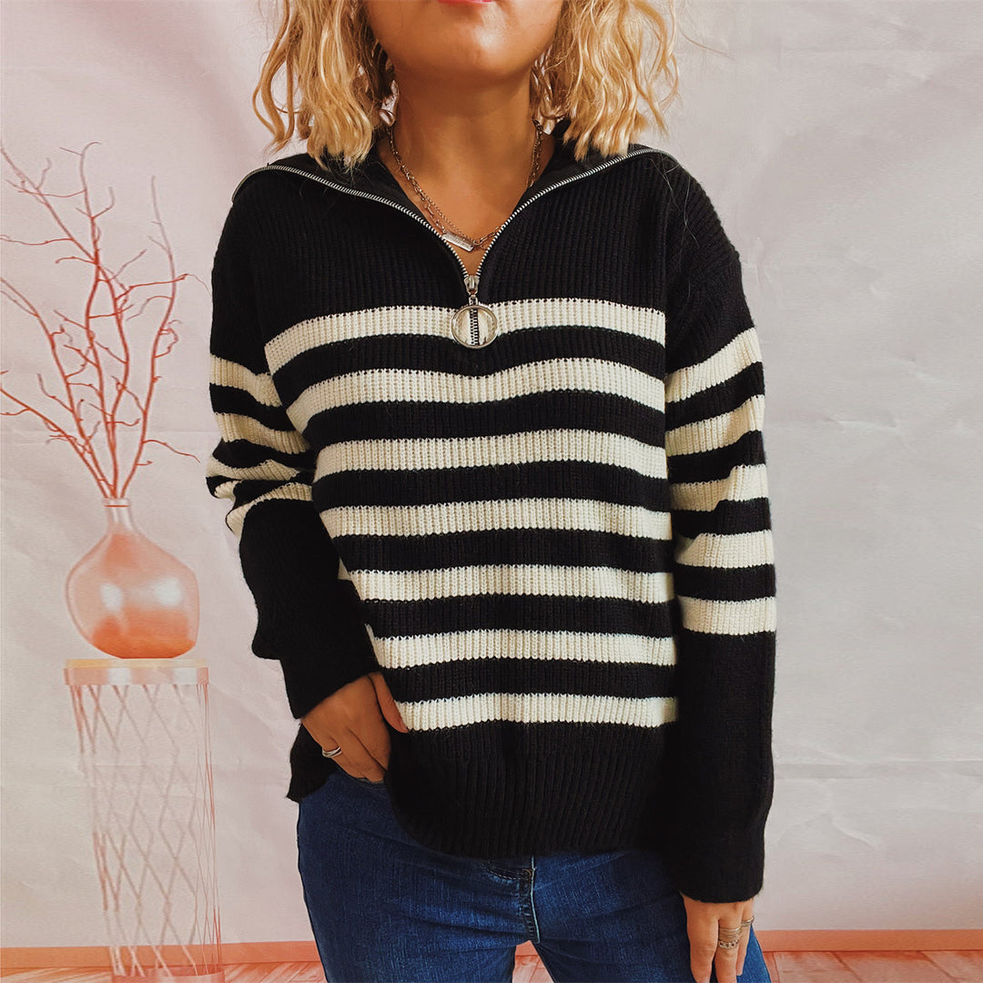 Damen gestreifter Pullover mit modernem Stehkragen und kurzer Reißverschluss R&B