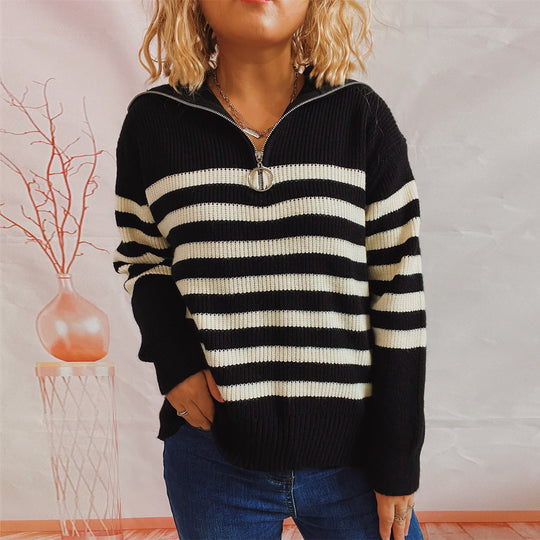 Damen gestreifter Pullover mit modernem Stehkragen und kurzer Reißverschluss R&B