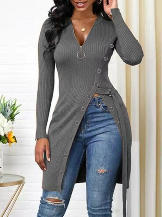 Damen figurbetontes Wickelshirt mit Knopfdetails und tiefem V-Ausschnitt R&B