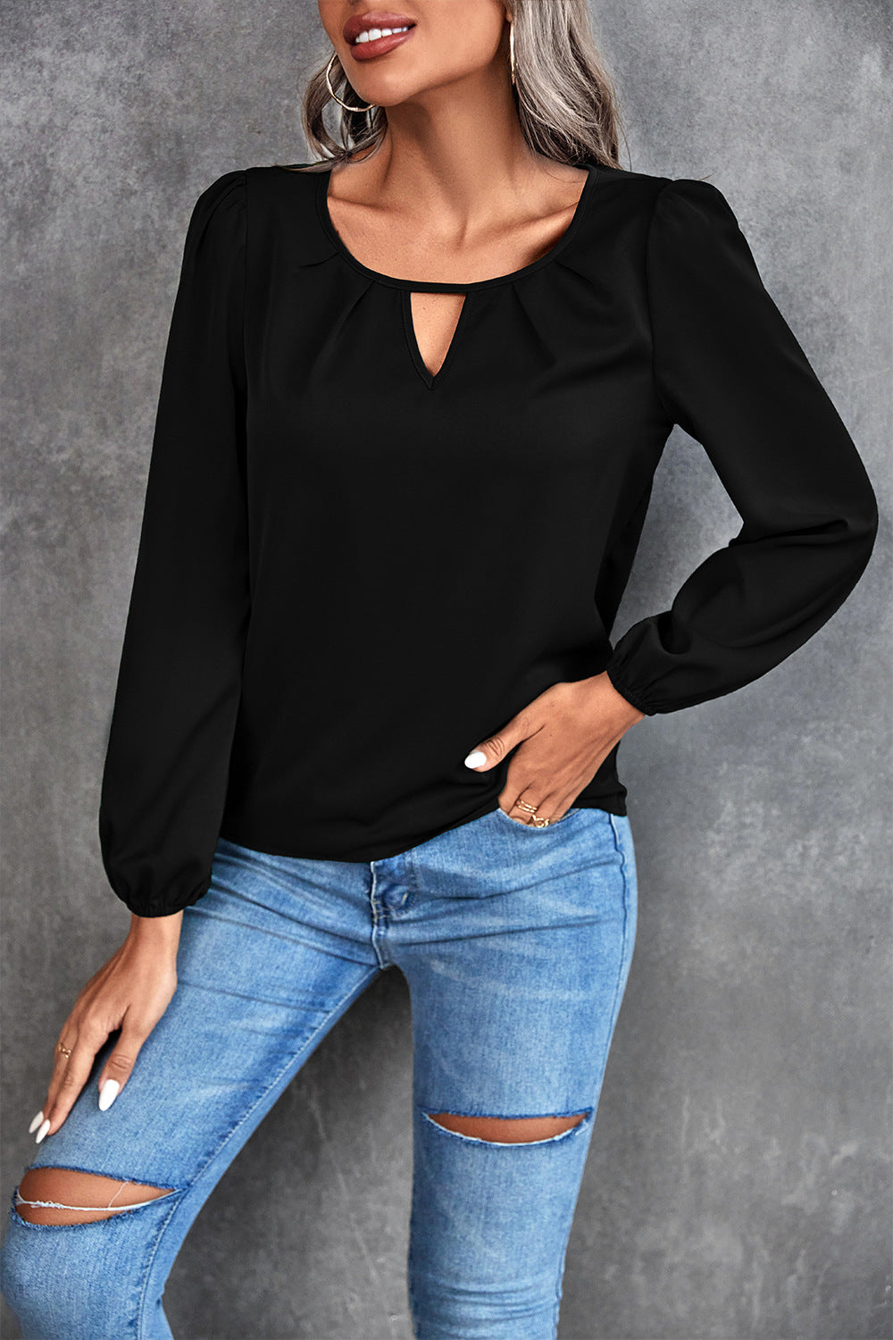 Damen Elegante Bluse mit leichtem V-Ausschnitt und Puffärmeln R&B