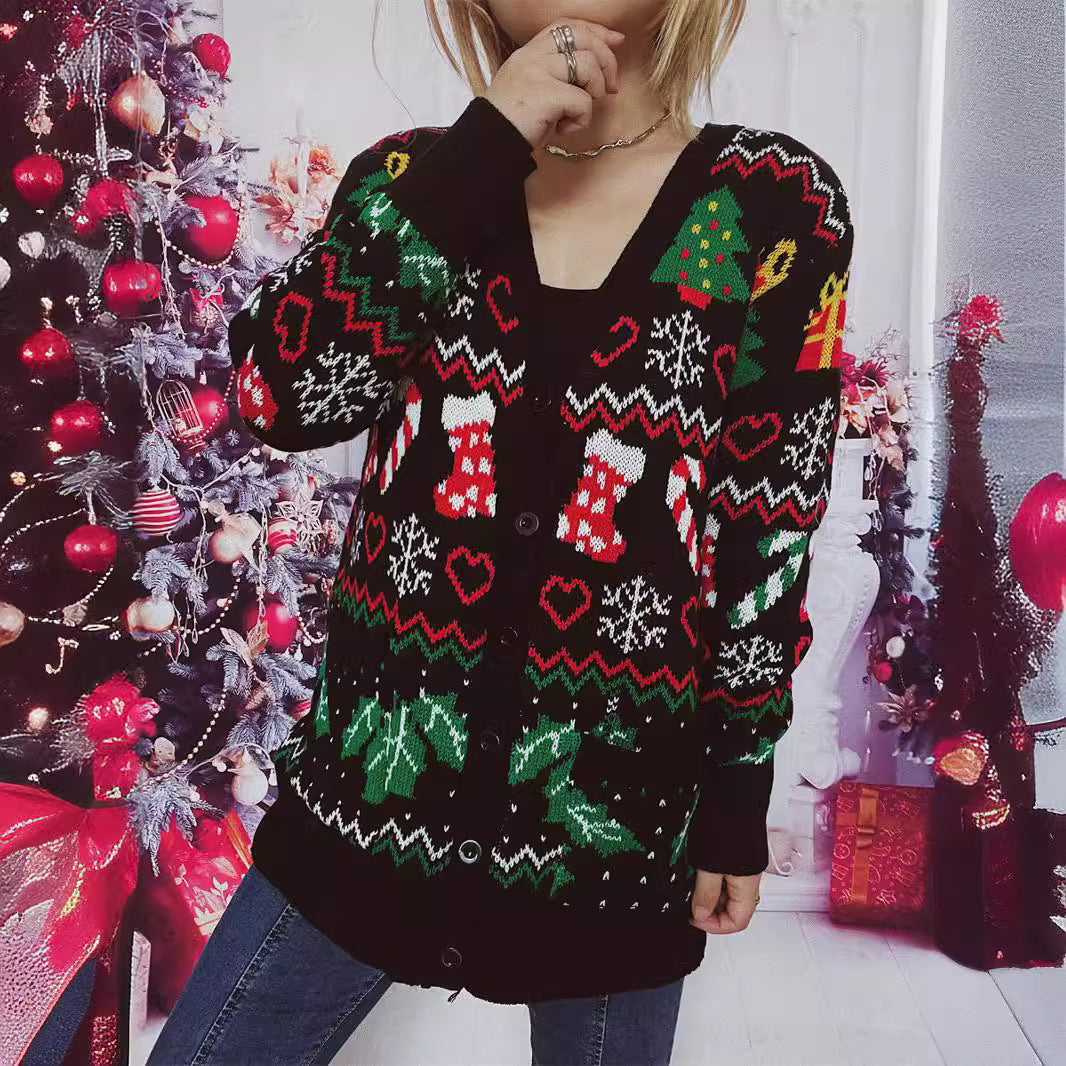 Damen Weihnachts-Strickjacke mit festlichem Motiv und praktischem Knopfverschluss R&B