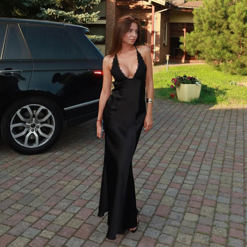 Damen elegantes langes Kleid mit verführerischem Spitzendetail und tiefem Ausschnitt R&B