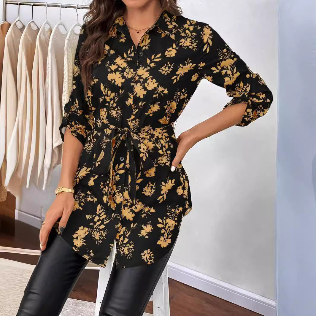 Damen lässige Bluse mit floralem Muster und Taillenknoten R&B