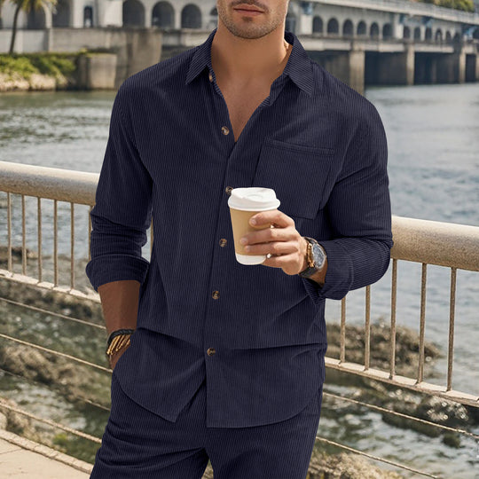 Herren gestreiftes Langarmshirt mit modischem Stehkragen und praktischer Brusttasche R&B