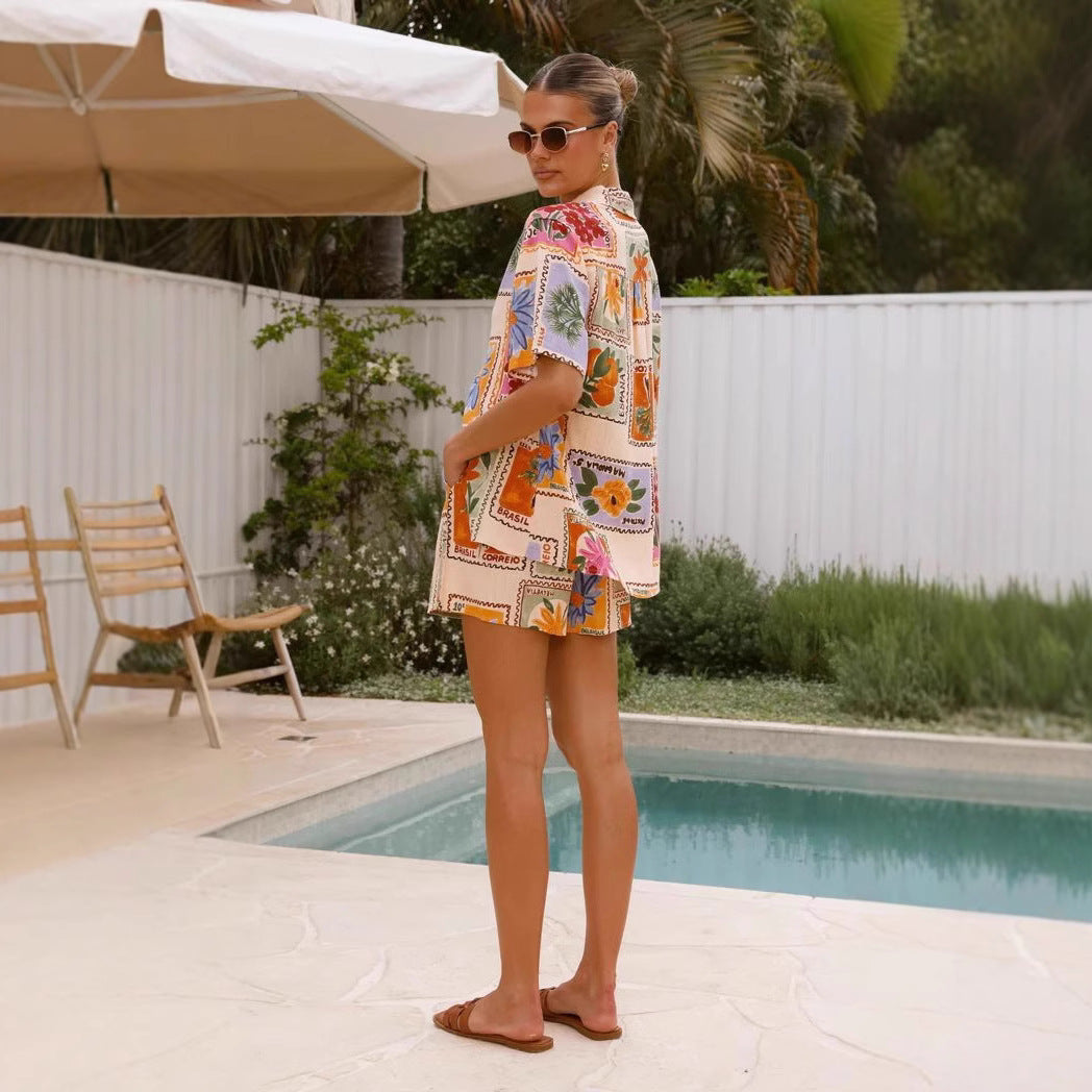 Damen Kurzarm-Hemd mit passender Shorts im floralem Design R&B