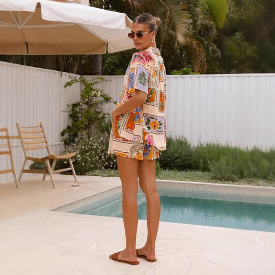 Damen Kurzarm-Hemd mit passender Shorts im floralem Design R&B