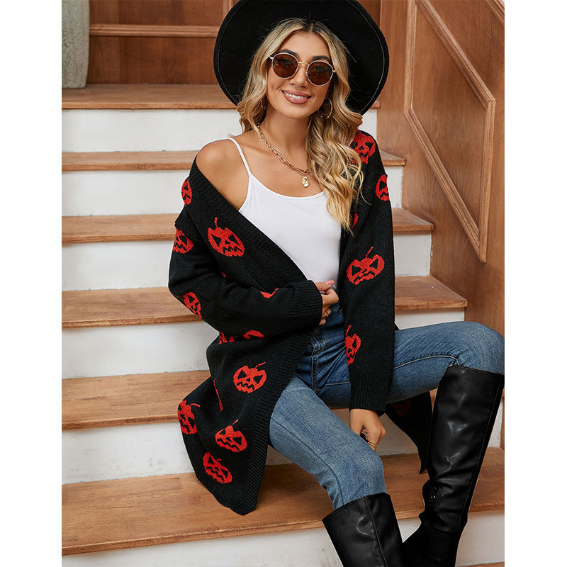 Damen Strick-Cardigan mit kreativem Halloween-Motiv R&B