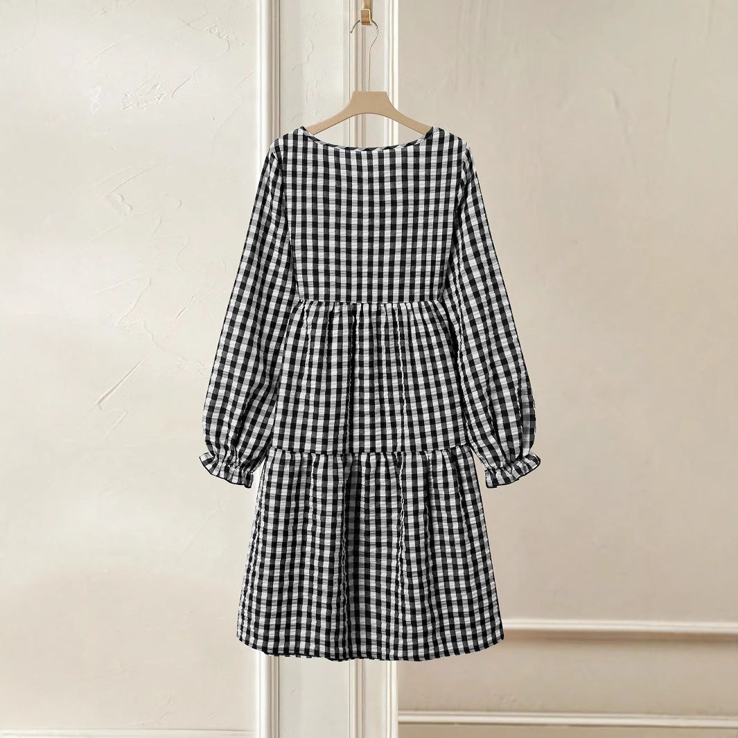 Damen Karomuster Maxikleid mit langem Arm und Rüschendetail R&B