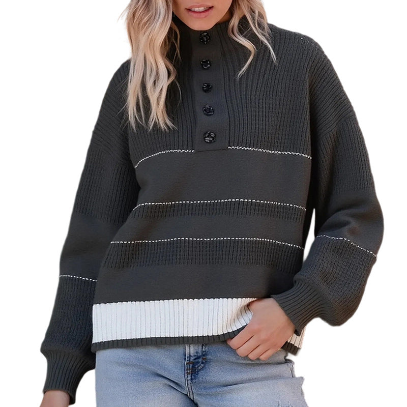 Damen modischer Strickpullover mit strukturiertem Kragen und Knopfdetails R&B