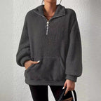 Damen kuscheliger Fleece-Pullover mit halbem Reißverschluss und Seitentaschen
