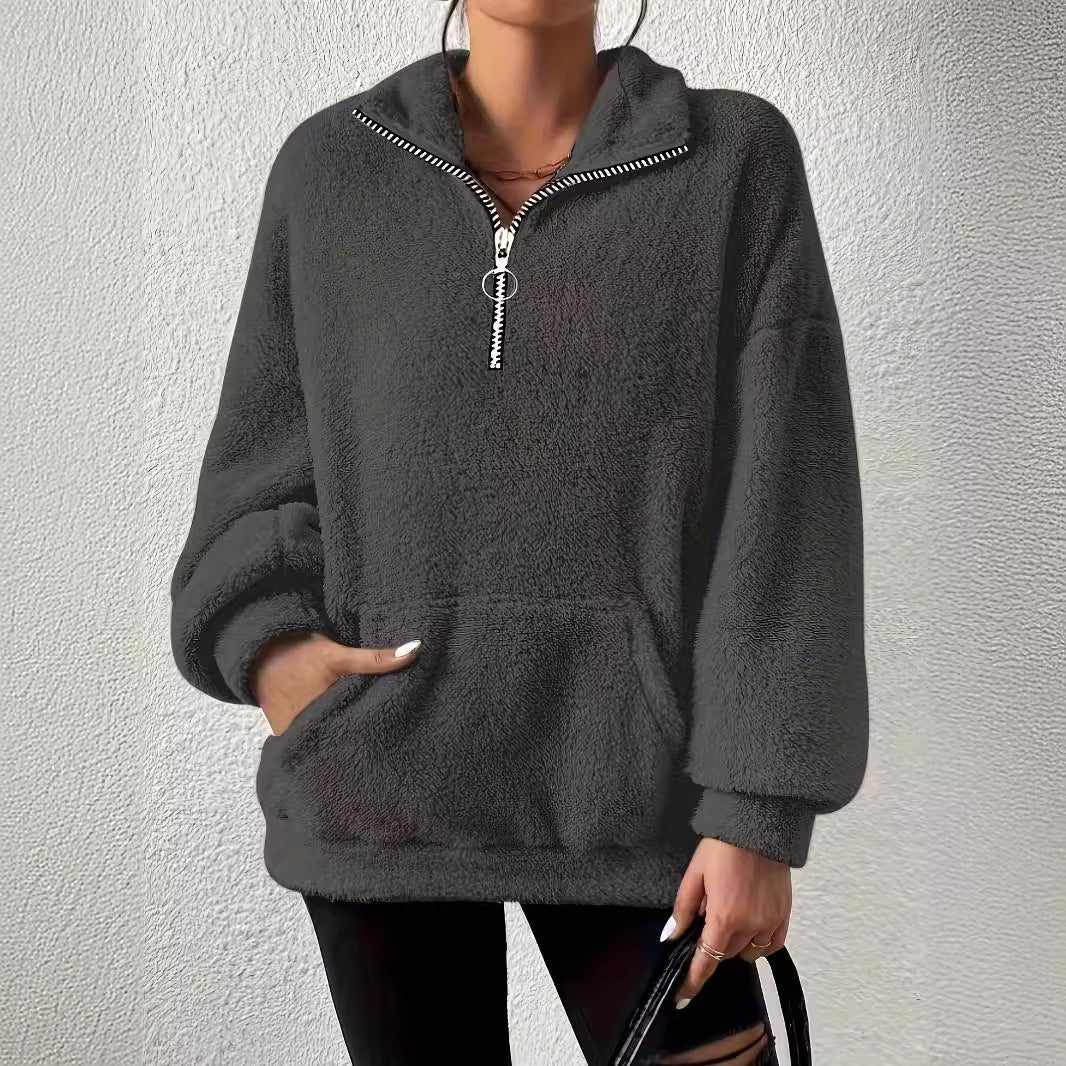 Damen kuscheliger Fleece-Pullover mit halbem Reißverschluss und Seitentaschen