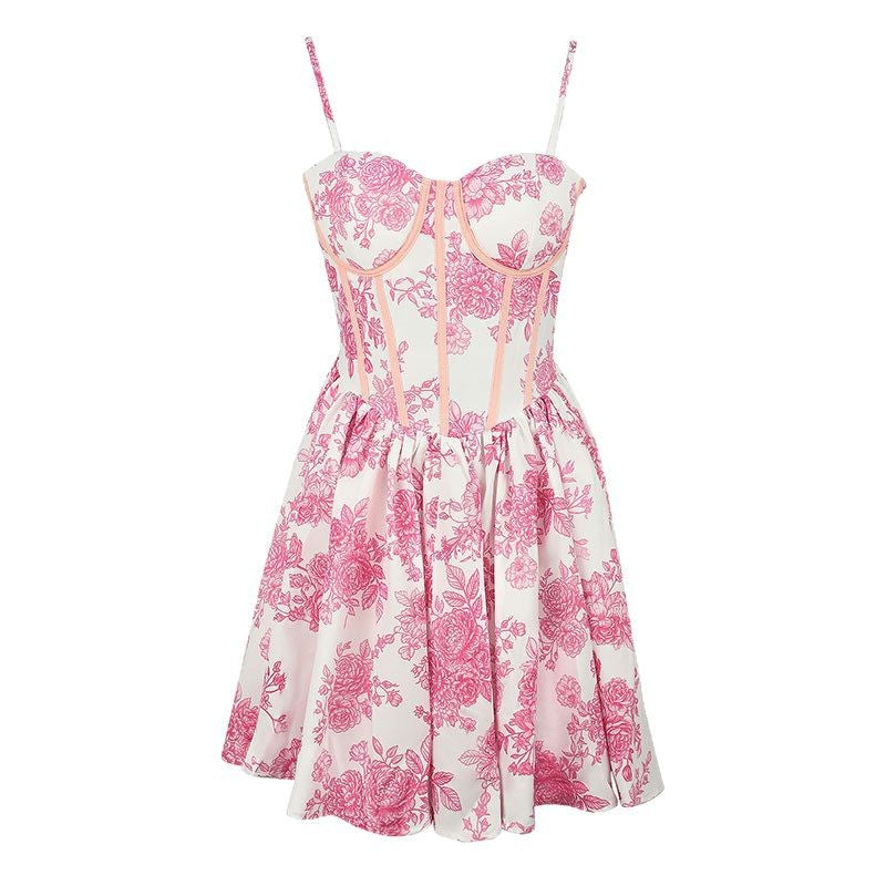 Damen Blumenkleid mit Korsett-Oberteil und schwingendem Rock R&B
