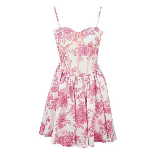 Damen Blumenkleid mit Korsett-Oberteil und schwingendem Rock R&B