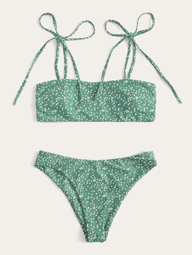 Damen Bandeau-Bikini-Set mit trendigen Schleifen und floralem Muster R&B