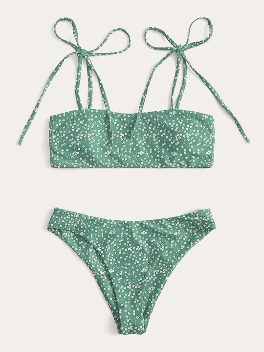 Damen Bandeau-Bikini-Set mit trendigen Schleifen und floralem Muster R&B