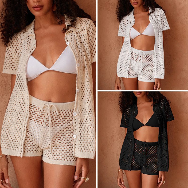 Damen luftiges Häkel-Set mit knöpfbarem Shirt und Shorts R&B