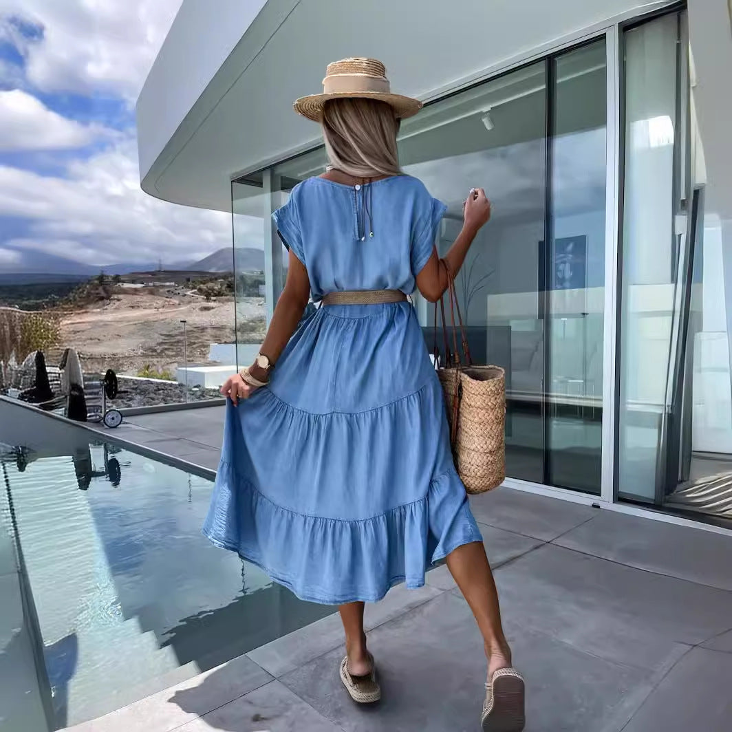 Damen Midi-Kleid mit asymmetrischem Saum und nostalgischem Denim-Stil R&B