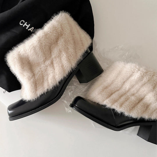 Damen Elegante Stiefeletten mit luxuriösem Kunstfellkragen und bequemem Blockabsatz R&B