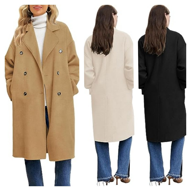 Damen eleganter und lässiger Wollmantel mit doppelter Knopfleiste