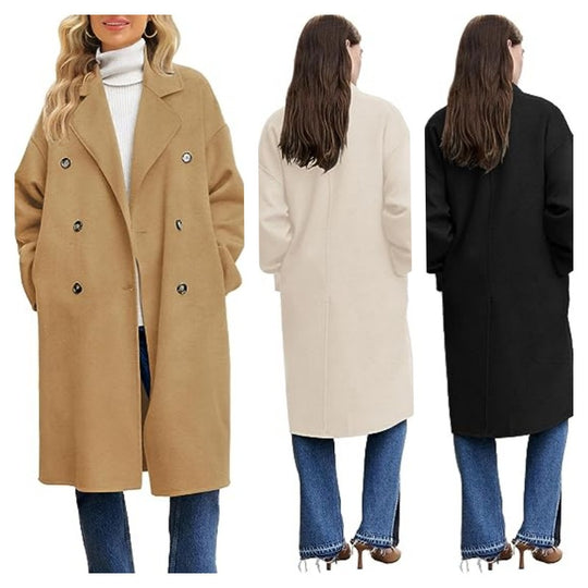Damen eleganter und lässiger Wollmantel mit doppelter Knopfleiste R&B