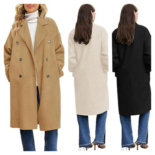 Damen eleganter und lässiger Wollmantel mit doppelter Knopfleiste R&B