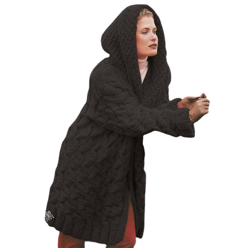 Damen oversized Grobstrickmantel mit Kapuze R&B
