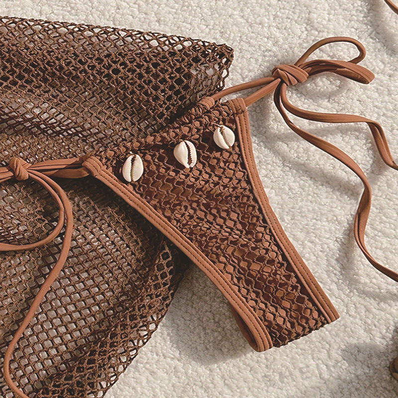 Damen Netz-Bikini-Set mit dekorativem Überwurf und verstellbaren Trägern R&B