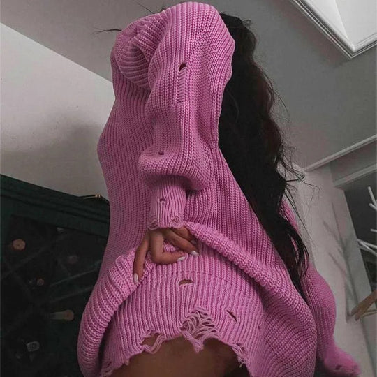Damen Lässiger Pullover im Oversized-Stil mit V-Ausschnitt und lässigen Fransen R&B