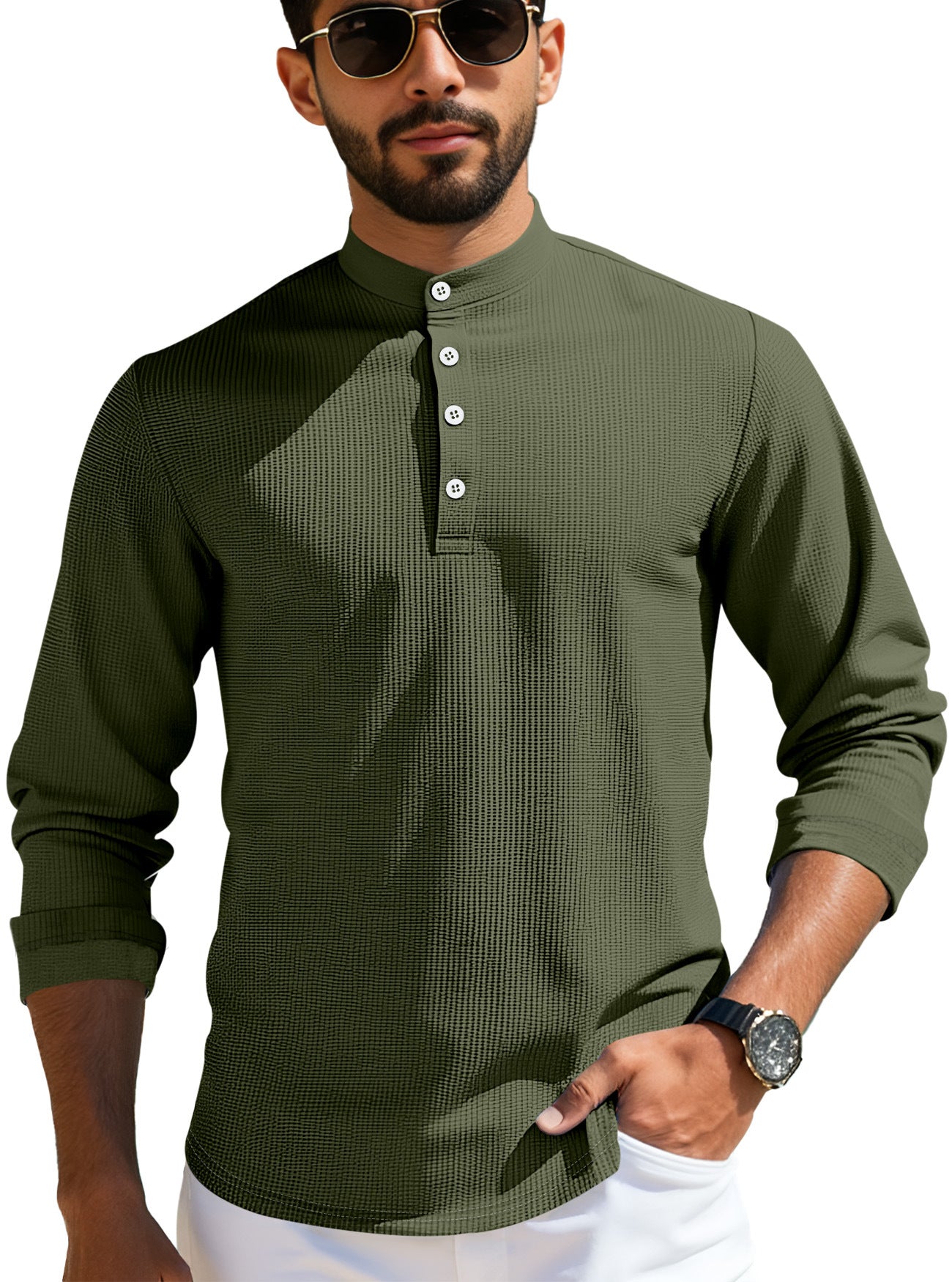 Herren nan strukturiertes Langarm-Henley mit Nehru-Kragen und Ton-in-Ton-Knopfleiste R&B