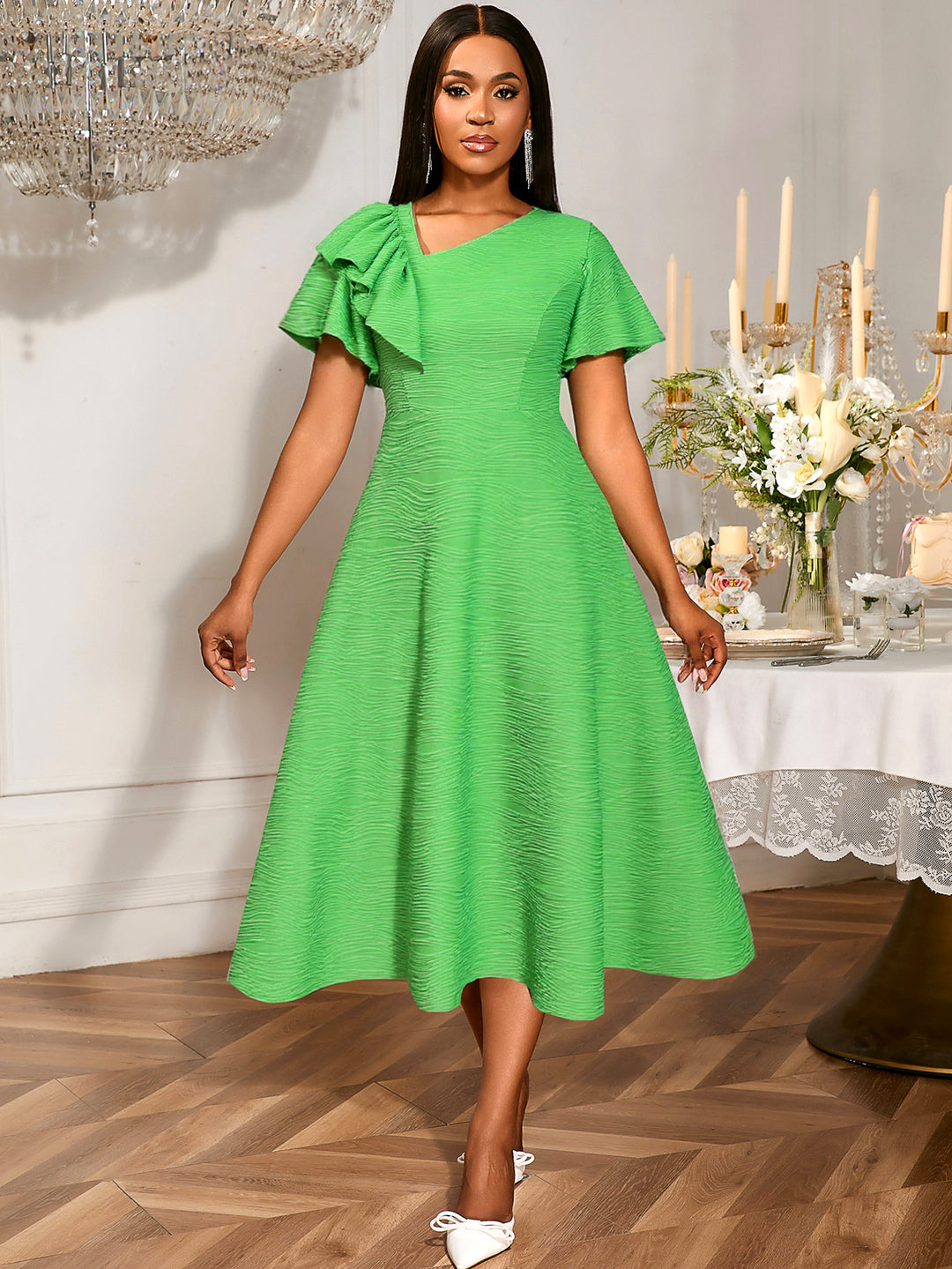 Damen Midikleid mit asymmetrischem Schal und voluminösen Ärmeln R&B
