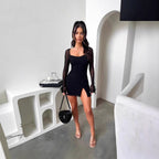 Damen Minikleid mit transparenten Ärmeln und seitlichem Schlitz R&B