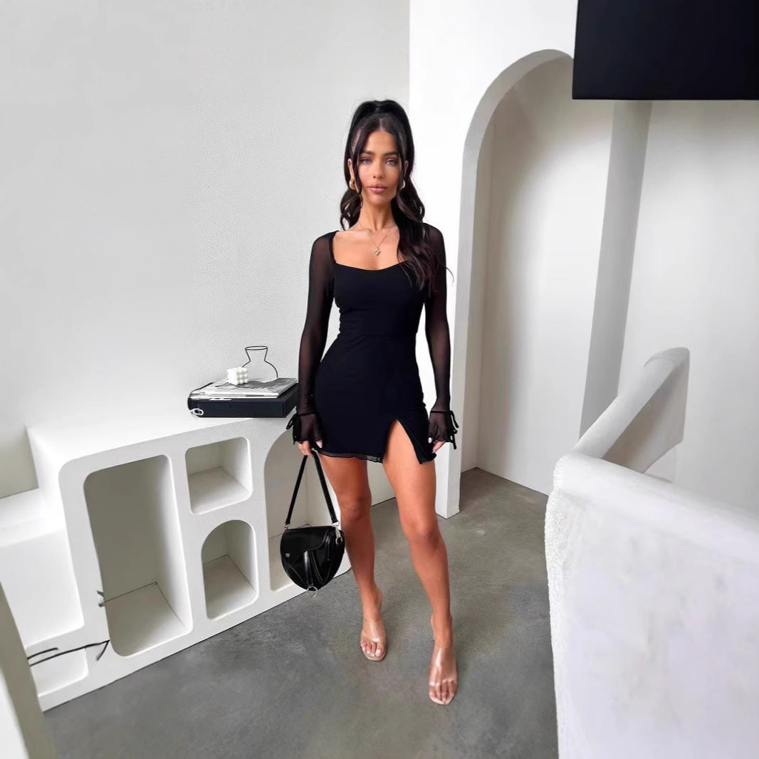 Damen Minikleid mit transparenten Ärmeln und seitlichem Schlitz R&B