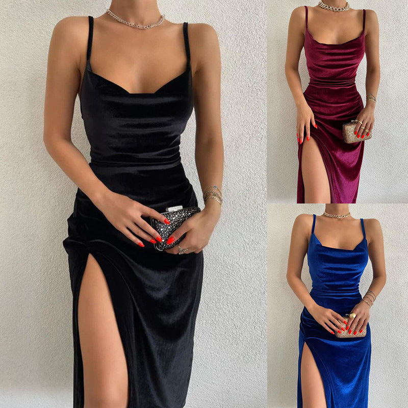 Damen hochwertiges Abendkleid mit Spaghettiträgern und seitlichem Schlitz R&B