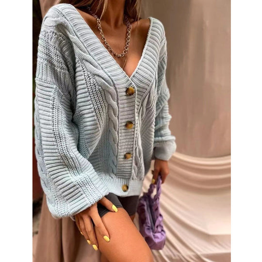 Damen Grobstrick Cardigan mit V-Ausschnitt und Knopfdetails R&B