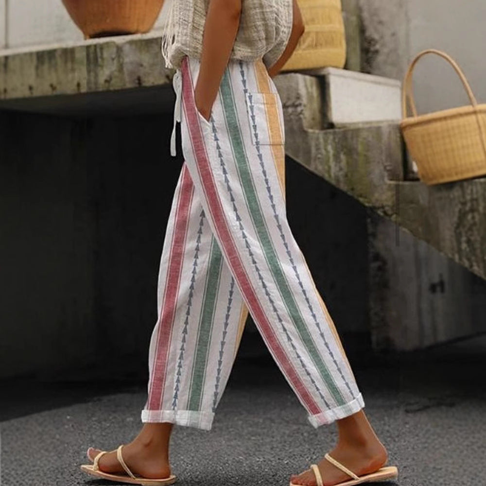Damen Weite Leinenhose mit handgewtem Muster