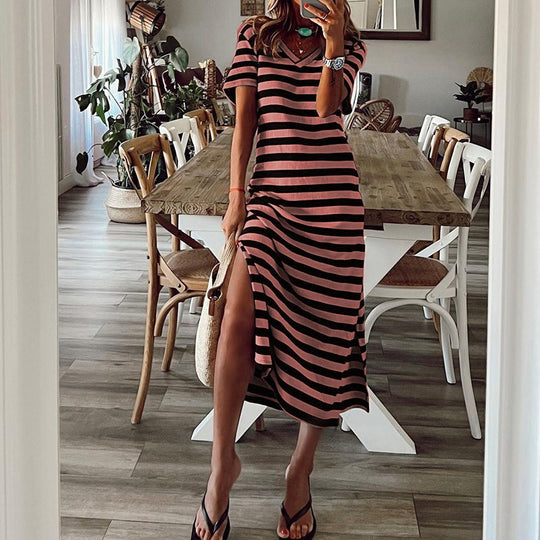 Damen Maxikleid mit verführerischem V-Ausschnitt und seitlichem Schlitz R&B